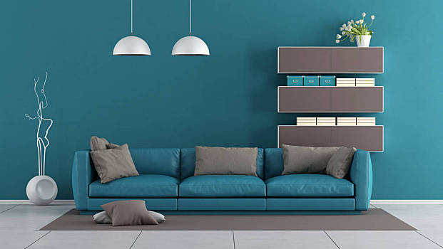 蓝色,褐色,现代生活,房间,沙发
