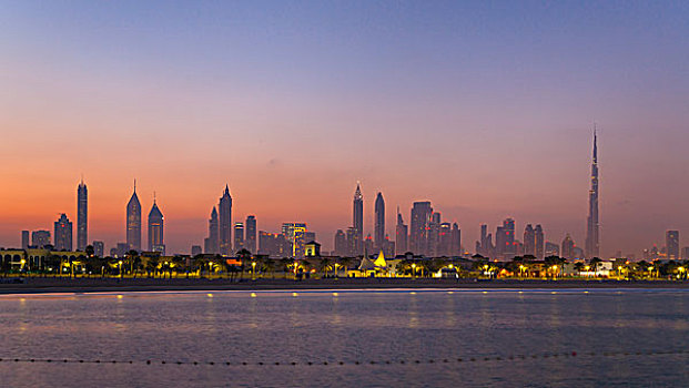 市区,迪拜,海滩,日落,阿联酋
