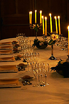 浪漫,成套餐具,品酒,餐饭,许多,玻璃,枝状大烛台,香槟,兰斯,阿登高地,法国,低,亮光,条纹状