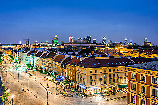 老,街道,现代办公室,建筑,市区,黎明,华沙,波兰,欧洲