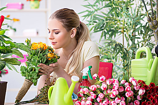 美女,浇水,植物,花园