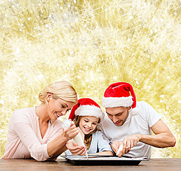 家庭,圣诞节,高兴,人,概念,微笑,圣诞老人,帽子,糖衣浇料,烹调,上方,黄光,背景