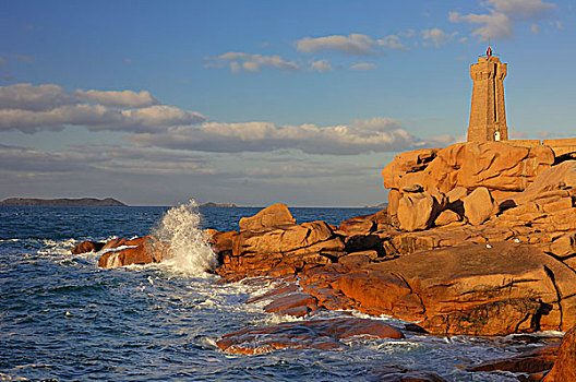 岩石,岸边,灯塔,粉色,花冈岩,海岸,大西洋,布列塔尼半岛,法国