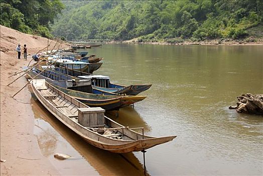 传统,木质,船,堤岸,河,禁止,省,老挝,东南亚
