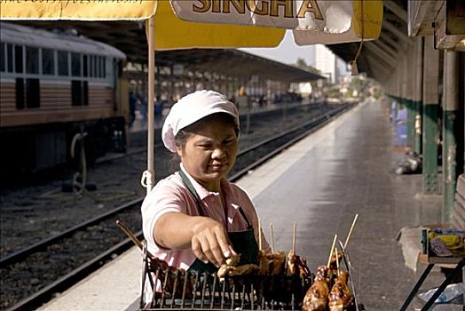 泰国,曼谷,长途,火车站,靠近,唐人街,摊贩,鸡
