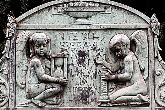 两个,小天使,沙漏,蜡烛,历史,墓地,浮雕,北莱茵-威斯特伐利亚,德国,欧洲