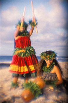 一对,草裙舞,海滩,葫芦属植物,棍,柔光,夏威夷