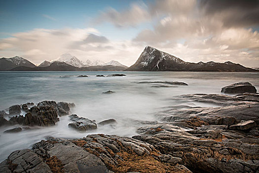 风景,山,寒冷,崎岖,海洋,罗浮敦群岛,挪威