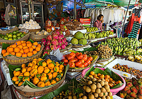 水果摊,市场,柬埔寨,亚洲