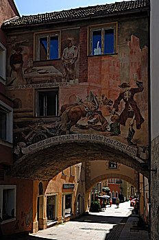 老,涂鸦,描绘,福音传道者,18世纪,大门,城镇,布格豪森,上巴伐利亚,德国,欧洲