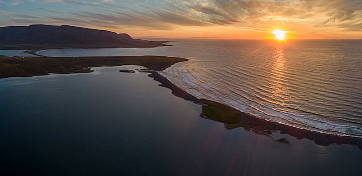 日落,俯视,海洋,湖,湾,靠近,落下,北方,冰岛,欧洲