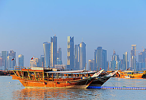 独桅三角帆船,正面,天际线,西部,湾区,商务区,多哈,卡塔尔,中东