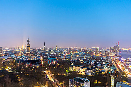 远眺,城市,黄昏,蓝色,钟点,汉堡市,德国,欧洲