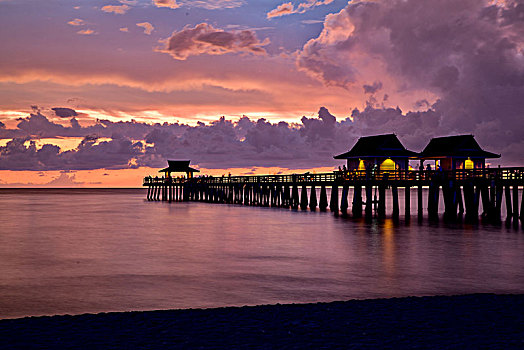 佛罗里达,那不勒斯,海滩,落日,码头,暴风雨天气