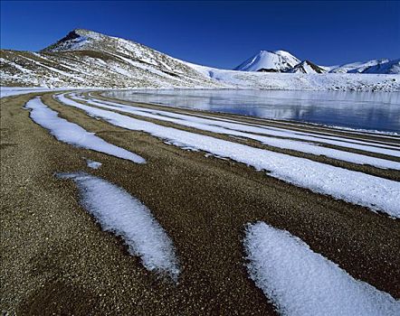 雪,图案,海岸线,脊,旁侧,冰冻,蓝湖,攀升,汤加里罗,东加里罗国家公园,新西兰