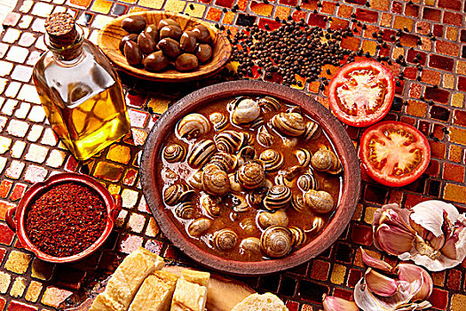餐前小吃,蜗牛食品,西班牙,粘土,盘子