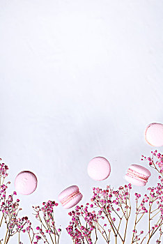 粉色草莓味马卡龙与粉色满天星干花