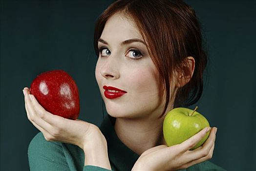 女青年,两个,苹果