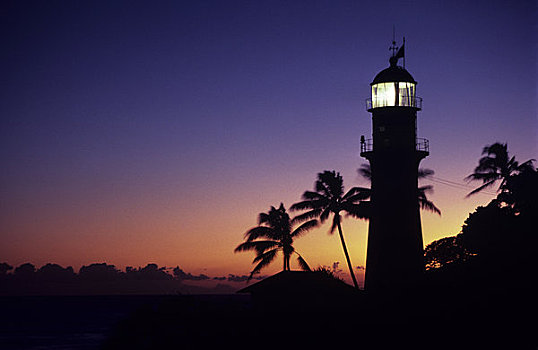 夏威夷,瓦胡岛,钻石海岬,灯塔,剪影,日落