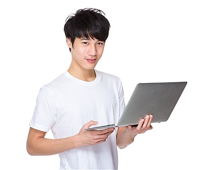 年轻,亚洲人,男人,拿着,笔记本电脑,工作