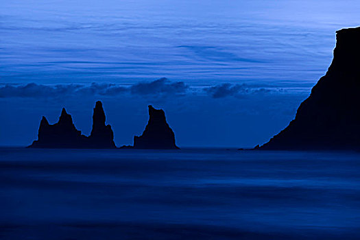 石头,海中,黃昏,蓝色,钟点,南方,区域,冰岛,欧洲