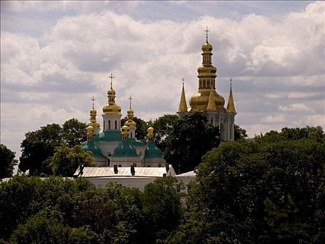 乌克兰,基辅,寺院,洞穴,风景,钟楼,远处,教堂,上帝,母兽,出生,绿色,树,金色,圆顶,2004年