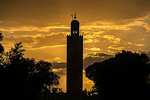 剪影,尖塔,库图比亚清真寺,清真寺,日落,摩洛哥,非洲