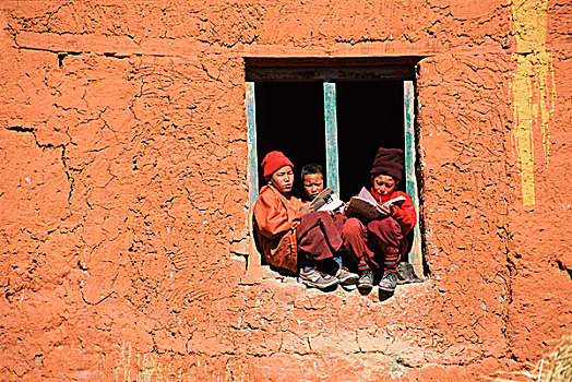 尼泊尔,孩子,僧侣,窗台,学习,检查
