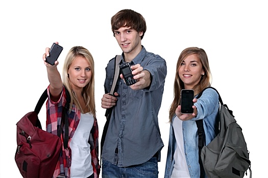 三个,青少年,学生,背包,手机
