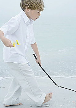 小男孩,走,挨着,海浪,海滩,拿着,花,一只,手,扎