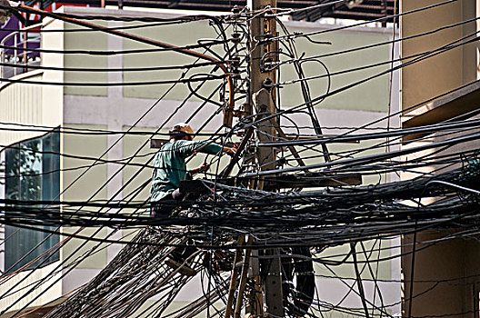 泰国人,电话,工程师,安装,线缆,电线杆,街道,曼谷