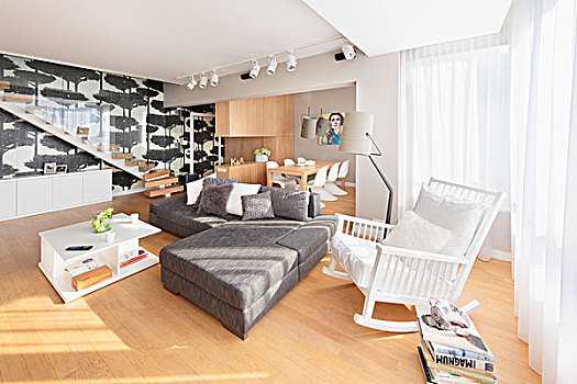 白色,摇椅,靠近,灰色,现代,沙发,组合,室内,就餐区,背景