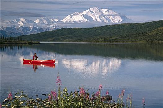 女人,独木舟,旺湖,德纳里国家公园,阿拉斯加