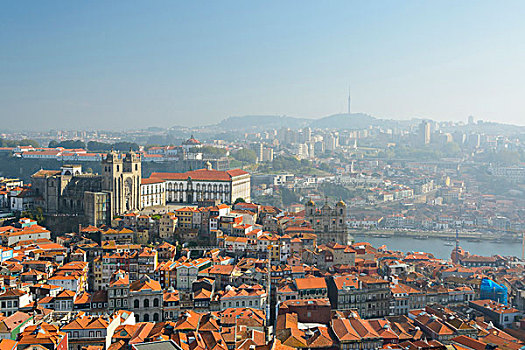 俯视,城市,波尔图,大教堂,塔,杜罗河,欧洲,河,葡萄牙