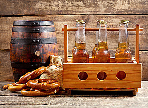 瓶子,啤酒,桶,木质背景