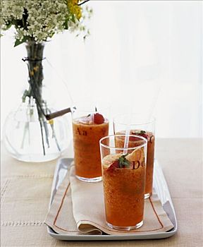 清爽,草莓饮料,玻璃杯,托盘