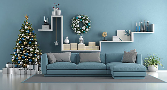 蓝色,现代生活,房间,圣诞树