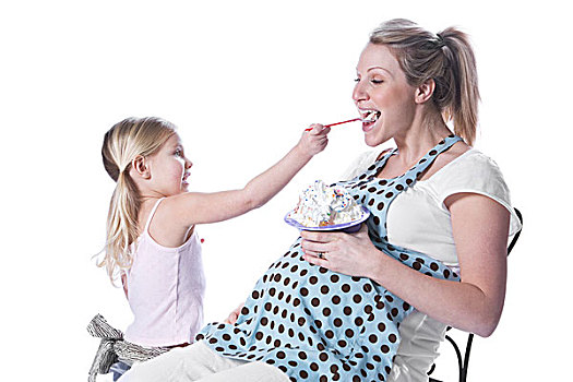 女儿,喂食,冰淇淋,怀孕,母亲