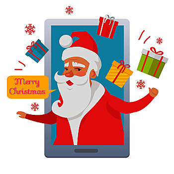 圣诞快乐,圣诞老人,室内,手机,向外看,智能手机,彩色,礼盒,红色,雪花,悬空,文字,卡通,风格,设计,矢量,贺卡