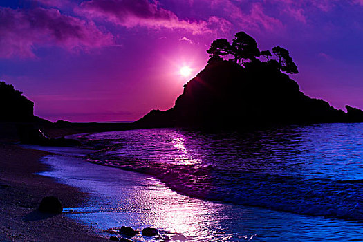 海岸,岛屿,日落,仙女,蓝色,粉色