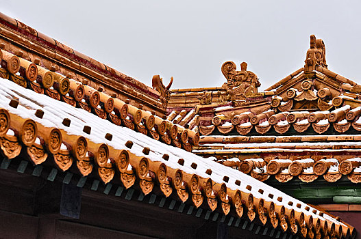 雪后故宫宫殿上的金色琉璃瓦及鸱吻和脊兽