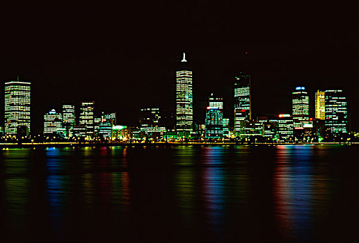佩思,城市天际线,光亮,反射,天鹅,河,夜晚,西澳大利亚