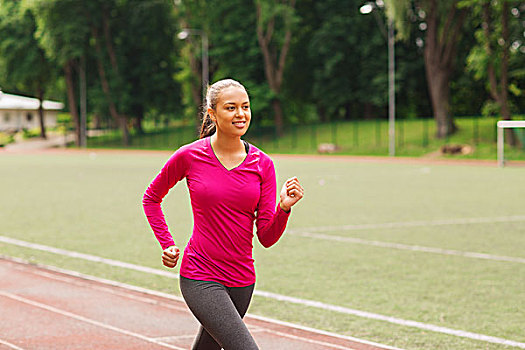 健身,运动,训练,生活,概念,微笑,美国黑人,女性,跑,赛道,户外