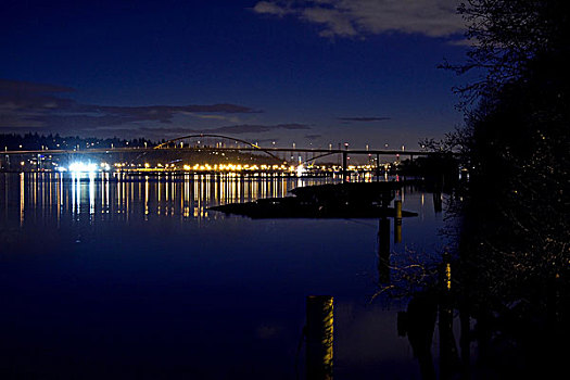 弗雷泽河,桥,反射,清晰,月照,夜晚,港口,加拿大