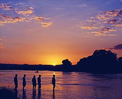 赞比亚,南卢安瓜国家公园,河,日落