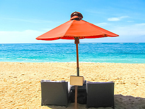 两个,椅子,伞,热带沙滩