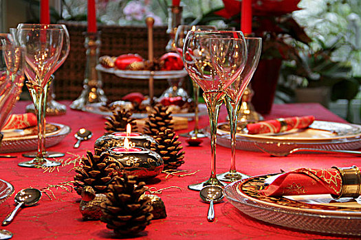 成套餐具,装饰,红色,圣诞节,松果,银,羊齿植物