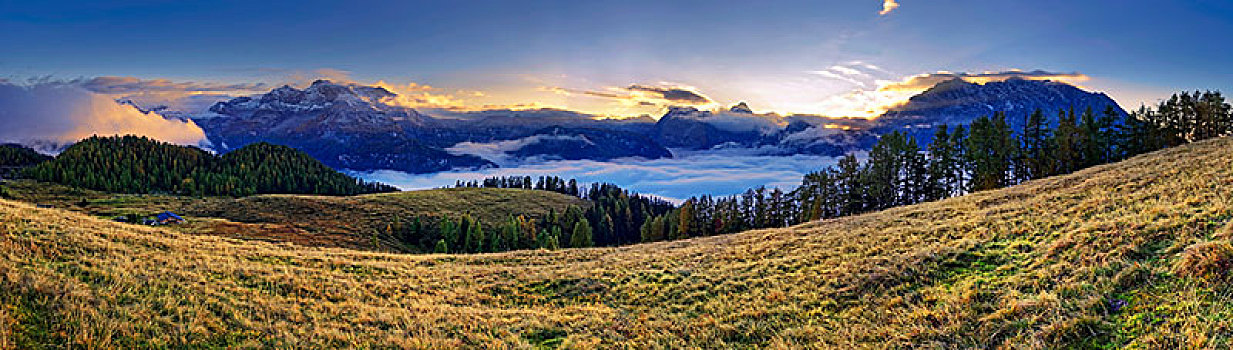 山脉全景,阿尔卑斯山,瓦茨曼山,东方,脸,日落,视点,国家公园,巴伐利亚,德国,欧洲