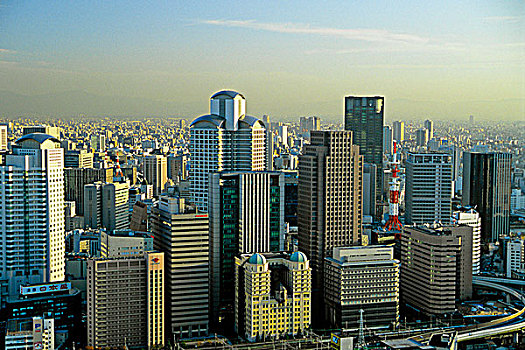 日本,关西,大阪,商务区,俯视,全景,天际线
