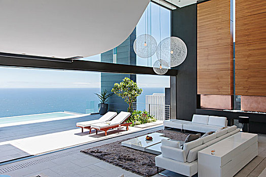 客廳,內庭,現代住宅,遠眺,海洋